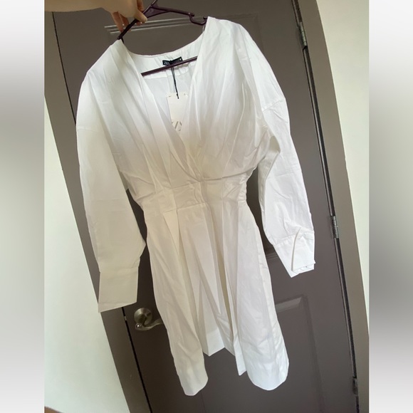 ZARA V-Neck Crossed pleated White mini cotton long sleeve Shirt Dress XS NWT - Picture 13 of 16